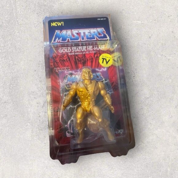 Masters of the Universe-MOTU-SUPER 7 GOLDEN STATUE He-Man Unpunched In Case